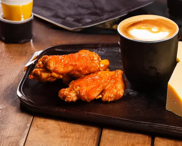 Prompt: A cup of coffee and hot wings covered in cheese, Cinematic shot, 8k resolution