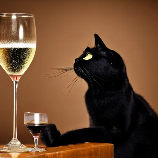 Prompt: a photo of a black cat drinking expensive champagne in a fancy dark bar