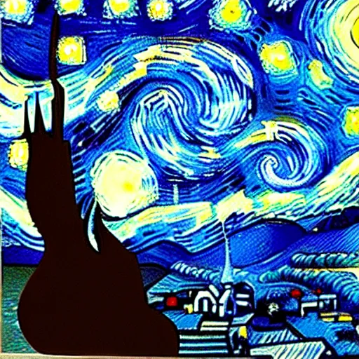 Image similar to in the style of starry night, a tuxedo for a big man with small legs, heart shaped goden mask with white lights for eyes.