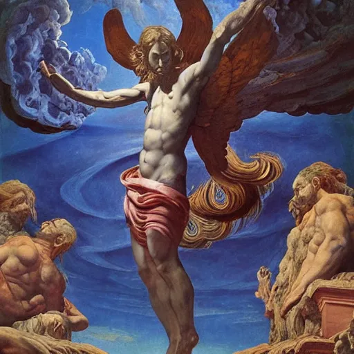 Image similar to Full body oil painting of Taylor Swft, wearing a peplos, hair natural disheveled, approaching heaven over the clouds, naturalism, dramatic lighting, high-detailed oil painting by Ilya Repin, Michelangelo da Caravaggio, William Blake, Alex Grey and Beksinski, trending on Artsation, hystorical painting, naturalism, masterpiece, 4k, 8k