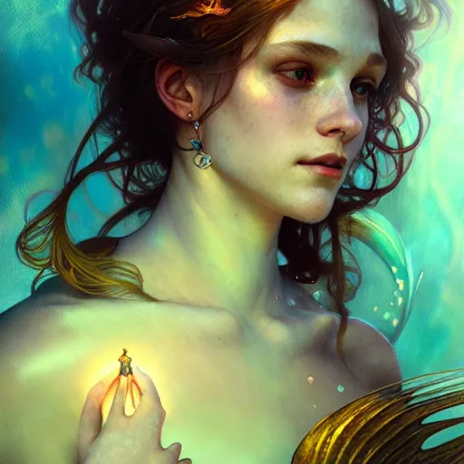 Image similar to Portrait of a girl mermaid with wings underwater surrounded by glowing light rays, face, fantasy, intricate, elegant, highly detailed, digital painting, artstation, concept art, smooth, sharp focus, illustration, art by Krenz Cushart and Artem Demura and alphonse mucha