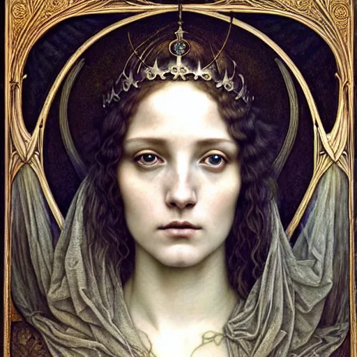 Image similar to detailed realistic beautiful young medieval queen face portrait by jean delville, tom bagshaw, brooke shaden, gustave dore and marco mazzoni, art nouveau, symbolist, visionary, gothic, pre - raphaelite, ornate gilded medieval icon, surreality, ethereal, unearthly, haunting, celestial, neo - gothic, ghostly, memento mori, otherworldly