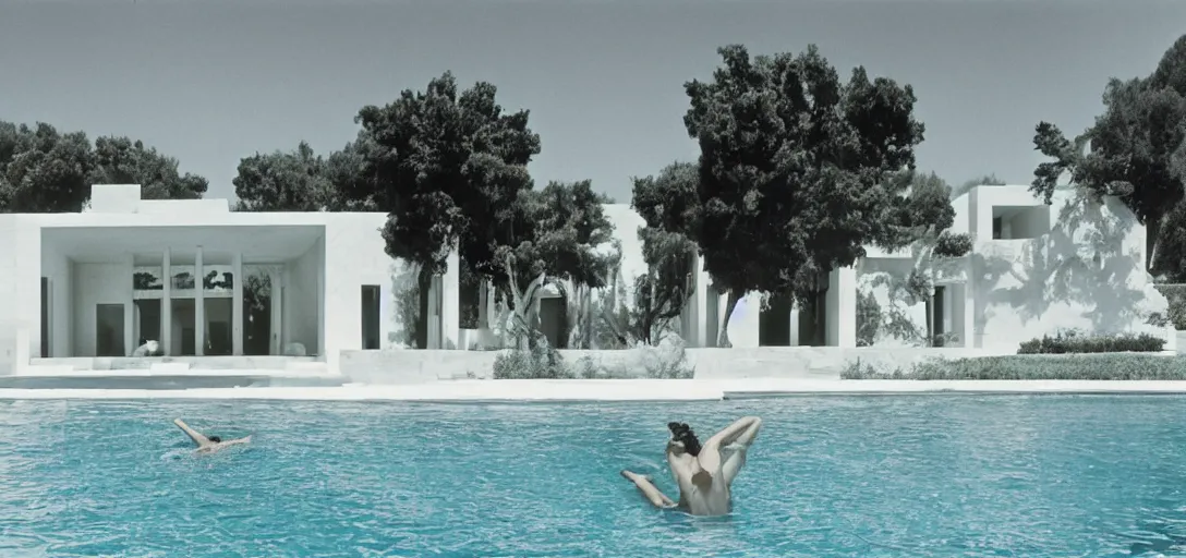 Image similar to ivory - white marble house designed by ictinus in california. photographed in 1 9 7 2. person swimming underwater in pool