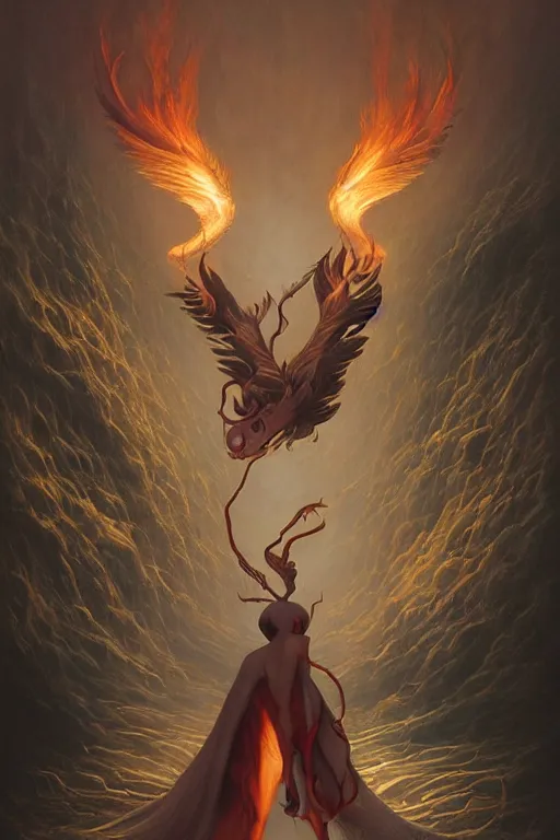 Prompt: concept art of a fire - type magical - spirit - creature that travels the virtual world and entices people serve to its master, by martin johnson heade, peter mohrbacher, karol bak. surrealism.