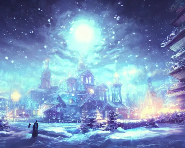 Prompt: scenery artwork, scene beautiful, light!! light essential cozy winter snow world snow and night, surrealism oil on canvas, artstation!! pixiv!! dream scenery, quality astral projection render, nier automata concept art, vaporwave textures