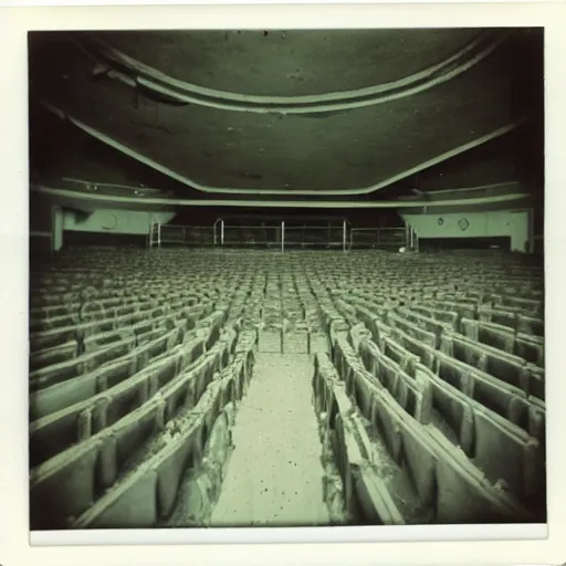 Image similar to old polaroid of a retro futuristic destroyed communist theatre, desolate, award winning, wide angle,