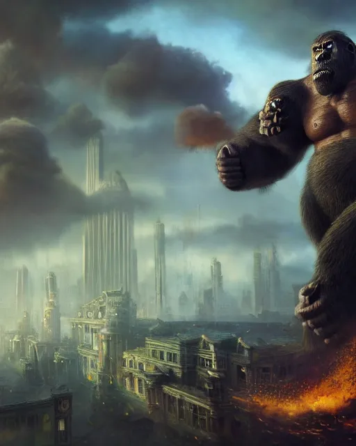 Image similar to oil painting of Steampunk angry King Kong smashing buildings, sharp focus, full body, heroic pose, fantasy style, steampunk city background, octane render, volumetric lighting, 8k high definition, by greg rutkowski, highly detailed, trending on art Station, magic the gathering artwork, centered, dramatic artwork, combat scene