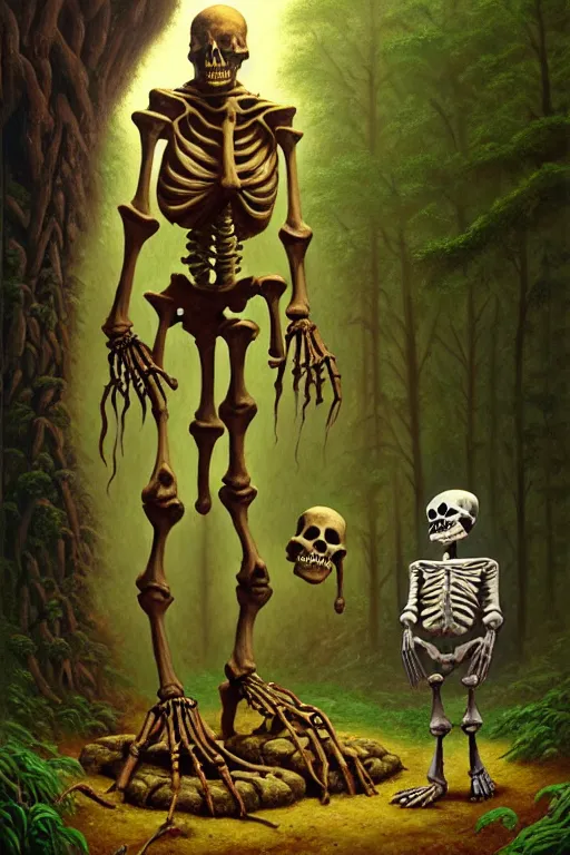 Prompt: classic oil painting, a golem made of sloppy clay, as a dnd character, standing next to a skeleton in the forest, cottagecore, highly detailed, digital illustration, concept art, smooth, sharp focus, art by tim hildebrandt, and greg hildebrandt