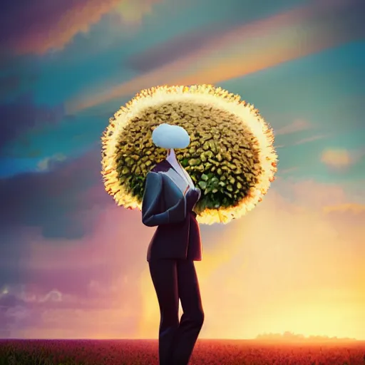 Image similar to giant daisy flower head, frontal, girl in a suit, surreal photography, sunrise, dramatic light, impressionist painting, digital painting, artstation, simon stalenhag