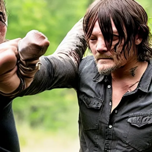 Image similar to Norman reedus fighting off a walker, movie still from the walking dead