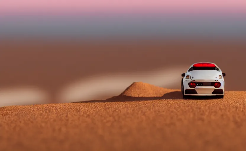 Image similar to photograph of an Itasha surrounded by desert with a futuristic city in the horizon, sigma 85mm f/1.4, 4k, depth of field, high resolution, 4k, 8k, hd, full color