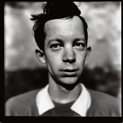 Image similar to photo of Carl 'Alfalfa' Switzer by Diane Arbus, black and white, high contrast, Rolleiflex, 55mm f/4 lens