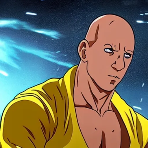 Image similar to long shot of tiny vin diesel as saitama punching a car into space