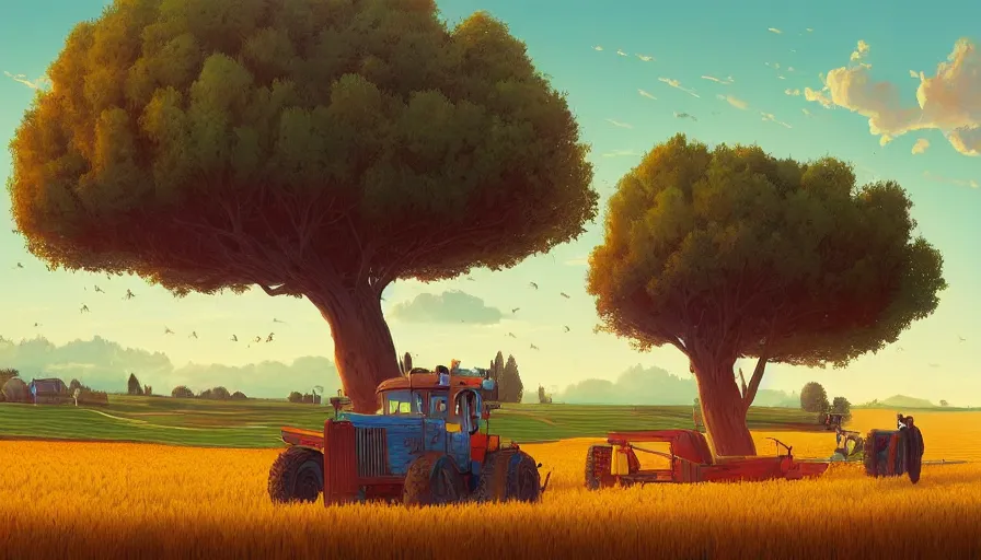 Image similar to colourful sky, wheat field, harvesters, big trees, matte painting, art station, digital art, simon stalenhag