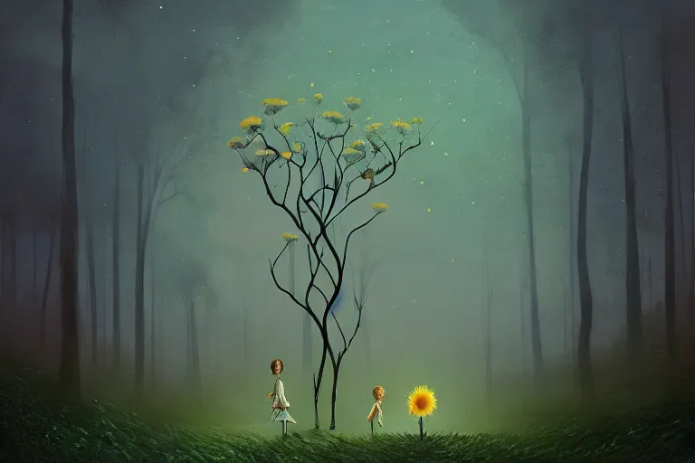 Image similar to giant daisy flowers head, girl walking in dark forest, surreal photography, dark night, stars, moon light, impressionist painting, clouds, digital painting, artstation, simon stalenhag