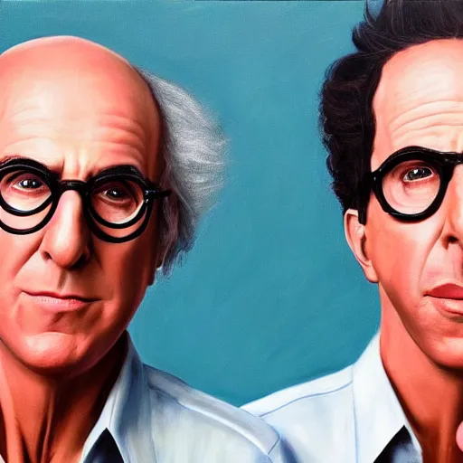 Image similar to realistic painting of larry david and jerry seinfeld as siamese brothers, ultra detailed, soft light, octane rendering, trending on arstation, perfect faces