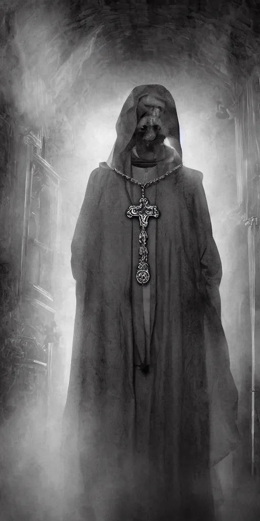 Image similar to a highly realistic and detailed full Priest standing in a dark dirty basement holding a rosary, wide angle 70mm lens, volumetric haze, front facing camera, symmetrical, photorealistic, insanely detailed and intricate, epic, hyper realistic, elegant, ornate, elite, horror, creepy, ominous, haunting, cinematic lighting, unreal engine, cinematic centered camera, high detail, no blur, unreal engine 8k