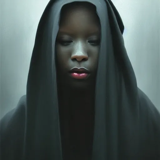 Image similar to a portrait of a young black woman wearing a long dark cloak, hood and shadows covering face, anatomically correct, beautiful perfect face, enigmatic, oil painting, matte painting, black background, Volumetric dynamic lighting, Highly Detailed, Cinematic Lighting, Unreal Engine, 8k, HD, by Beksinski