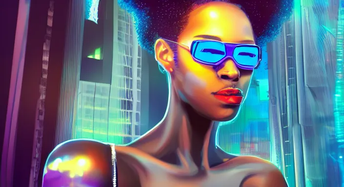 Prompt: portrait of beautiful cyberpunk black woman with afro hair, rio de janeiro!! pao de acucar!! corcovado ipanema on the background, blue and purple digital art trending on artstation, beeple, soft lighting, bokeh