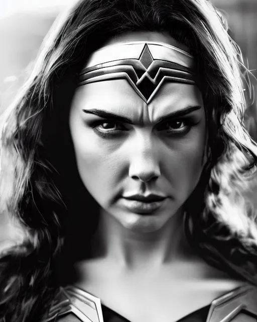 Prompt: tired angry wonderwoman portrait hd sharp monochrome technoir photo with mix of gal Gadot and Linda Carter in frank Miller Alex Ross style detailed trending on Flickr Leica Zeiss depth of field