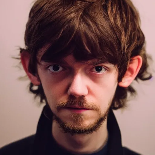 Prompt: madeon looking longingly to the left, harsh red lighting, studio photograph, award winning