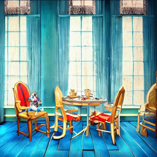 Prompt: alice in the wonderland, chairs, sitting, wood floor, blue dress, blonde by cheval michael