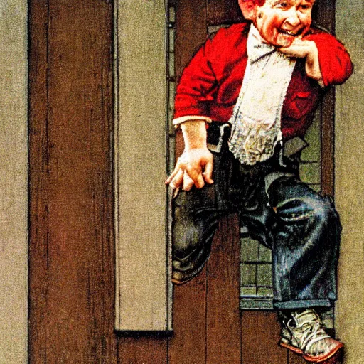 Image similar to close up portrait of dwarf jumping from balcony by norman rockwell, illustration, 5 0 mm lens,