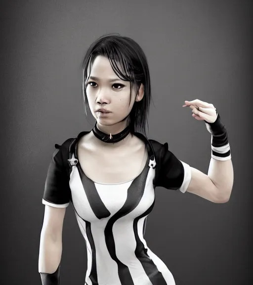 Prompt: epic fantasy comic book style portrait painting of a young expressive malaysian tomboy woman, futuristic tanktop with black and white stripes, long sleeves, bare midriff, by mark ryden pixar hayao miyazaki, unreal 5, daz, hyperrealistic, octane render, cosplay, rpg portrait, dynamic lighting, intricate detail, cinematic summer vibrancy