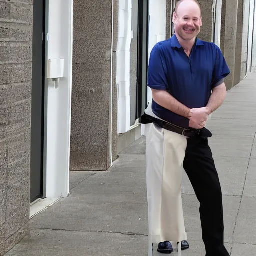 Prompt: color photograph of a balding, middle aged, brown haired, hairy, blue eyed, round faced, short and slightly fat white man dressed in a white shirt, grey pants and black dress shoes smiling at the camera with perfect, straight white teeth