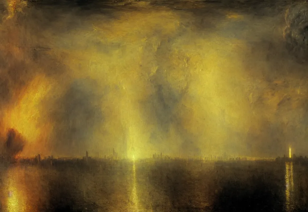 Prompt: a nuclear warhead detonating over the manhattan skyline in the style of william turner. dramatic concept art, 4k, high detail, volumetric lighting