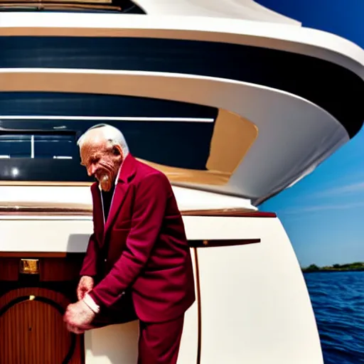 Prompt: wrinkled hunchbacked old man servant in burgundy suit polishing the side of a gold plated mega yacht with a cloth