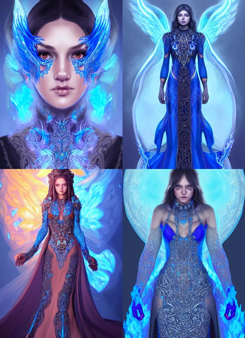 Prompt: portrait of a mage wearing a dress made of blue flames, intricate detail, ornate, digital artwork by artgerm and wpol, sarasti and android jones, artstation