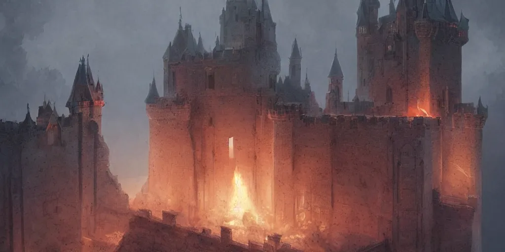 Image similar to A castle made out of white stone burning from the inside, rising smoke, dark fantasy, nighttime, hyper realistic, by greg rutkowski, trending on artstation