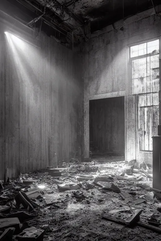 Prompt: desaturated set design for transcendental horror film set in abandoned basement, the basement is transformed into a HEAVENLY interior inspired by near-death-experiences, burst of white light, everything is built with salvaged industrial materials like metal, wood, rubber, plastic, etc, CARDBOARD TUNNELS, strange light and lens flares, blackened brutalist style, designed by rick owens, helmut lang, nancy grossman, anish kapoor, 8k, photorealistic, sharp focus, highly textured and hyperdetailed, 8mm camera, dutch angle
