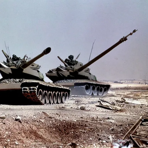 Image similar to A 200 foot tall George H.W. Bush destroys Iraqi tanks, historical photo