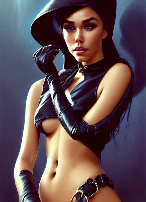 Image similar to portrait of madison beer as a sultry domina, collar and leash, leather, greek, intricate, headshot, madison beer face, highly detailed, digital painting, artstation, concept art, sharp focus, cinematic lighting, illustration, art by artgerm and greg rutkowski, frank frazetta, boris vallejo, alphonse mucha, cgsociety