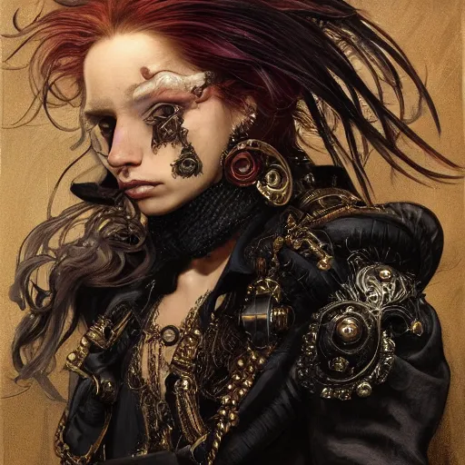 Image similar to portrait, headshot, insanely nice professional hair style, dramatic hair color, digital painting, of a old 17th century, old cyborg merchant, amber jewels, baroque, ornate clothing, scifi, realistic, hyperdetailed, chiaroscuro, concept art, art by Franz Hals and Jon Foster and Ayami Kojima and Amano and Karol Bak,