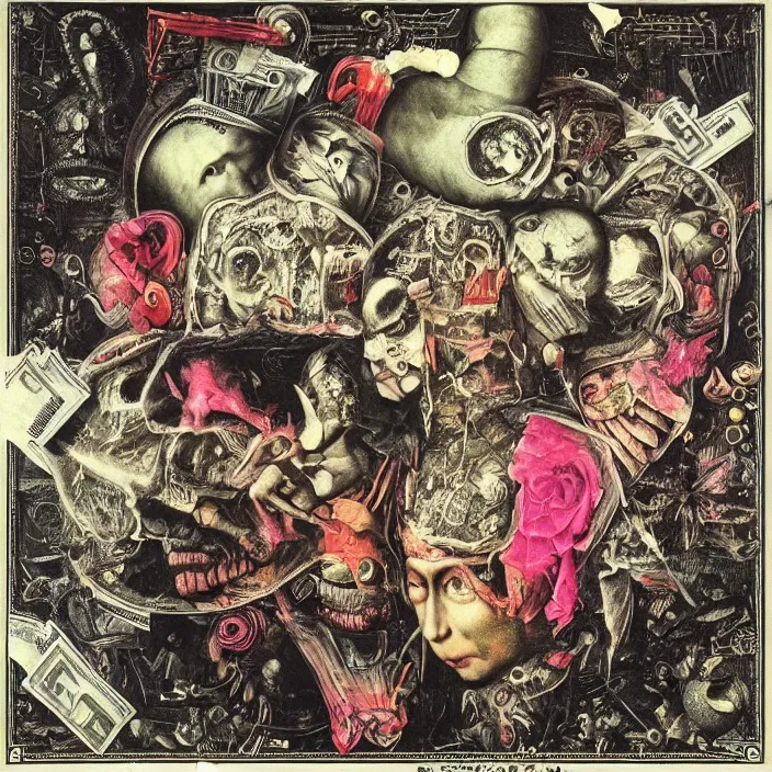 Image similar to post - punk new age album cover, asymmetrical design, dollar bank notes, capitalism, magic, apocalypse, psychedelic, black white pink, highly detailed, magic, giger h. r., giuseppe arcimboldo