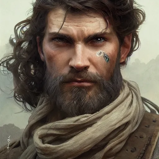 Image similar to portrait of a rugged ranger, muscular, upper body, D&D, fantasy, intricate, elegant, highly detailed, digital painting, artstation, concept art, smooth, sharp focus, illustration, art by artgerm and greg rutkowski and alphonse mucha