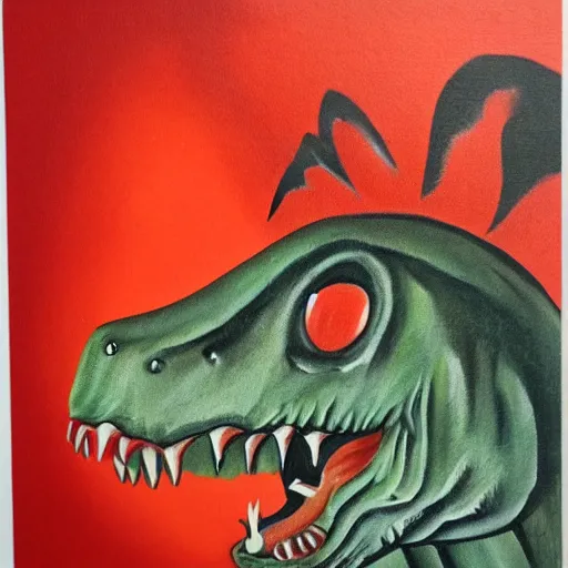 Image similar to dinosaur mouse, scary pose, retro painting