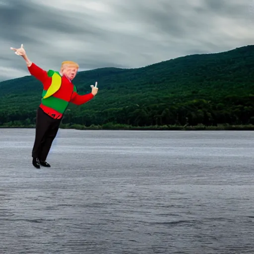 Image similar to donald trump tossing a small leprechaun in to the hudson river, hyper realistic, wide shot, photography, award winning, 8 k,