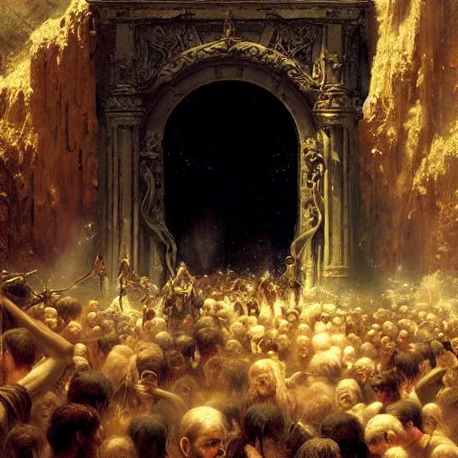 Image similar to alvah angelrune water portal to hell located in heaven, crowd of people, rule of thirds, 4 k, dark bright effect, highly detailed painting by gaston bussiere, craig mullins, j. c. leyendecker