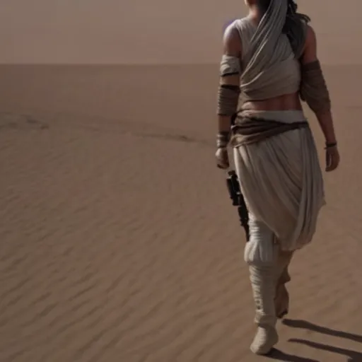 Prompt: rear view of Rey from Star Wars walking along the dunes on Jakku.