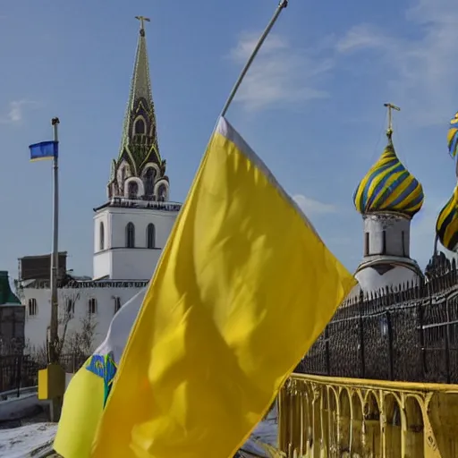 Image similar to A photo of Kremlin captured by Ukrainians with Ukrainian flags on top