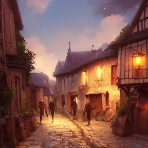 Image similar to small village in medieval france, 4 k, concept art, by wlop, ilya kuvshinov, artgerm, krenz cushart, greg rutkowski, pixiv. cinematic dramatic atmosphere, sharp focus, volumetric lighting, cinematic lighting, studio quality