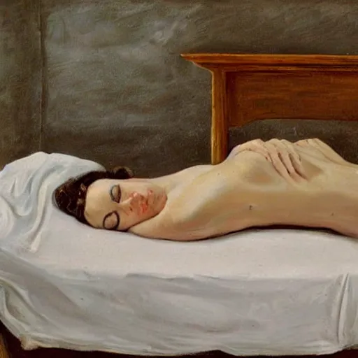 Image similar to lucian freud painting of old ema stone laying down on a victorian bed in a big old room