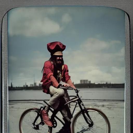 Image similar to 1970s Polaroid photo of a pirate on a bicycle, ultra realistic, cinematic, octane rendered, 8k, highly detailed, moody, photography, Polaroid