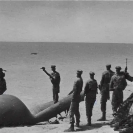 Image similar to 1940s photo, long shot, 5 soldiers looking at a huge creature washed up on a beach