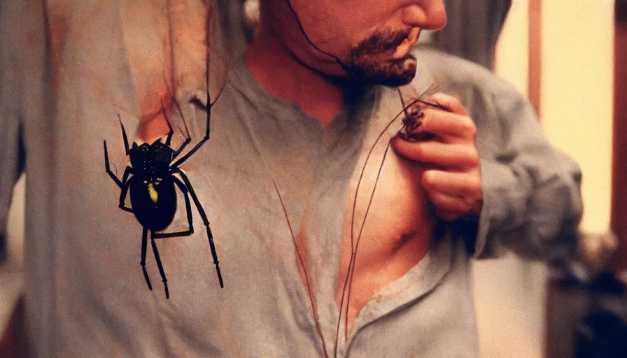 Image similar to 7 0 s movie still of a man with spider in chest, cinestill 8 0 0 t 3 5 mm eastmancolor, heavy grain, high quality, high detail