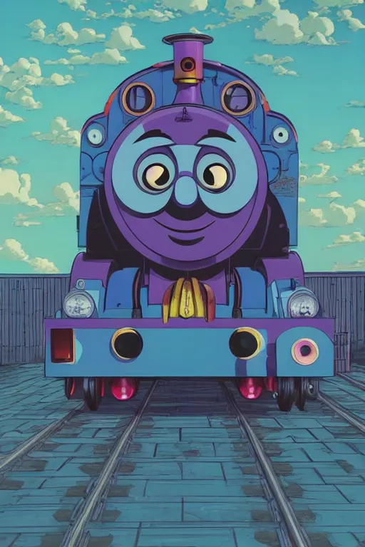 Image similar to concept art painting of a demonic thomas the tank engine, artgerm, moebius, inio asano, toon shading, cel shading, calm, tranquil, vaporwave colors,